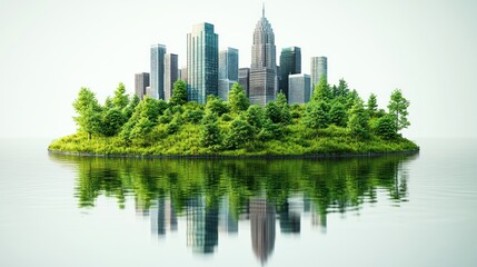 Fototapeta premium Sustainable urban island. Lush greenery surrounds modern city buildings on an island, reflecting in calm waters