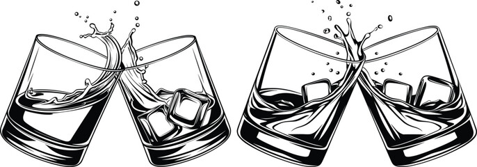 Whiskey Toast Glasses Silhouette Vector Illustration, Splashing Drink Cheers Art.