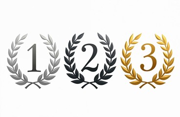 Award wreaths for 1st 2nd 3rd place winners. Laurel wreaths award, gold silver bronze medals. Illustration, graphic design, isolated on white background. Success, achievement, victory, best result,