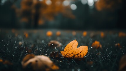 Single Autumn Leaf on Dewy Grass Macro Photography