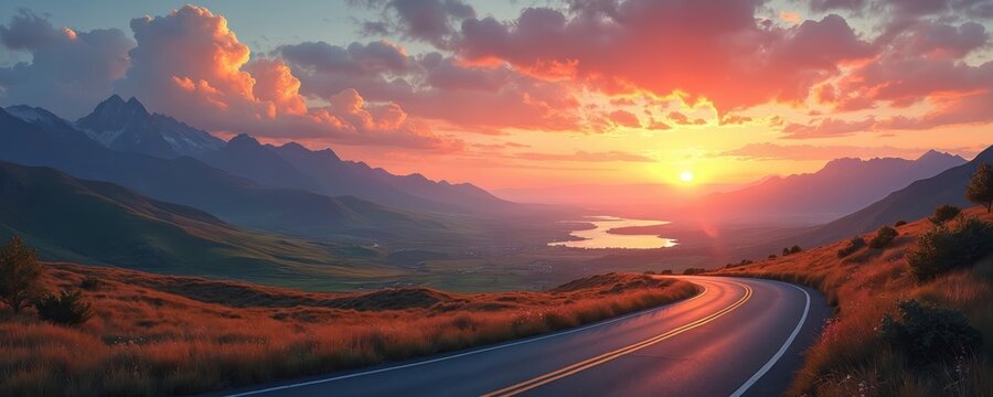 Winding road at sunset leads to horizon with mountains. Serene landscape with a lake, clouds. Travel adventure on a scenic road trip during summer vacation.