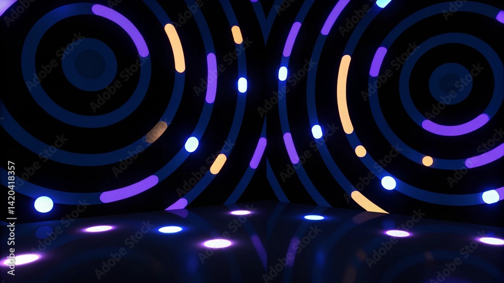 Poster Abstract geometric shapes background. Dance night club style. 3d render picture. Futuristic neon elements in vibrant colors create a dynamic and immersive visual experience for parties
