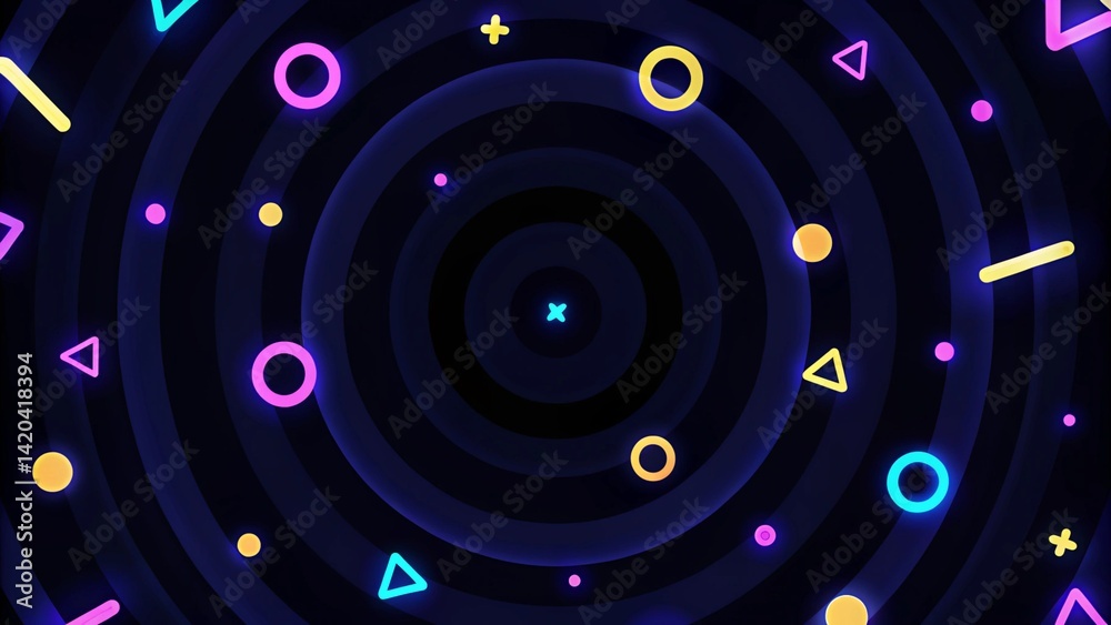 Poster Abstract geometric shapes background. Dance night club style. 3d render picture. Futuristic neon elements in vibrant colors create a dynamic and immersive visual experience for parties