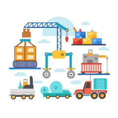 Colorful Cartoon Transportation and Construction Scene Illustration