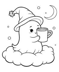 Ghost on Marshmallow Cloud with Cocoa Under Smiling Moon coloring page