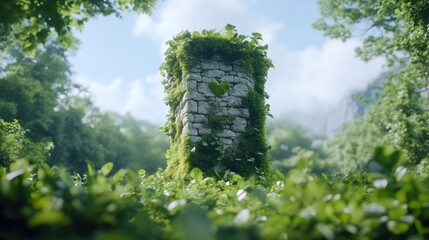 Fototapeta premium Stone pillar overgrown with moss in a lush forest setting