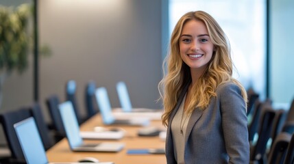 A woman in a gray blazer and cream turtleneck stands confidently in a modern conference room, smiling as she gestures while speaking.
