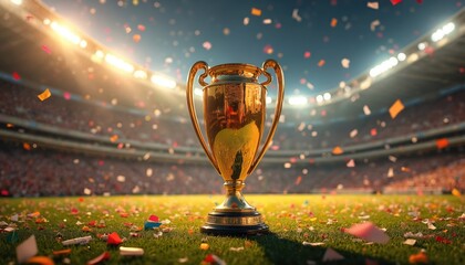 Football trophy glistening under bright stadium lights with confetti falling on field marking epic championship final. Victory concept. Soccer success, award, celebration.