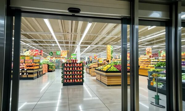 Entrance to brightly lit supermarket with fresh produce and groceries