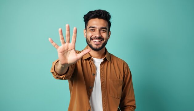 Young Hispanic man smiling. Handsome male showing number five with hand forward. Happy guy counts with fingers. Smiling face looking at camera. Joyful expression, counting down, showing five.