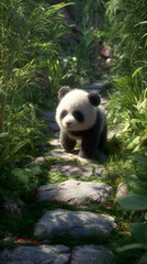 Obraz premium Adorable Panda Cub Trekking Through Lush Bamboo Forest