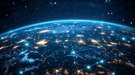 Obraz premium Global network connections depicted through blue glowing lines and dots