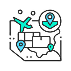 United States travel route with plane and pins