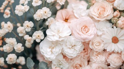 A delicate floral color palette with soft pinks, creamy whites, and deep green stems --ar 16:9 --v 6.1 Job ID: e185db96-2c37-4863-8772-6e3b5a582ca1