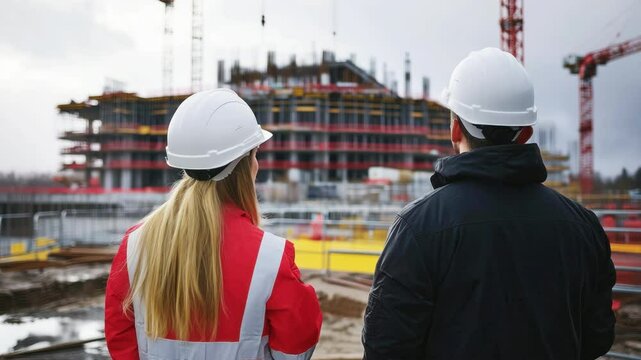Two construction workers in safety helmets and vests observing modern building site with cranes and scaffolding, concept of architecture, civil engineering and urban development