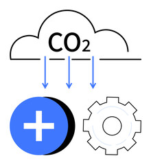 CO2 reduction concept with arrows from cloud to blue plus and gear. Ideal for sustainability, technology, innovation, environmental impact, emissions reduction, industry process, simple landing page