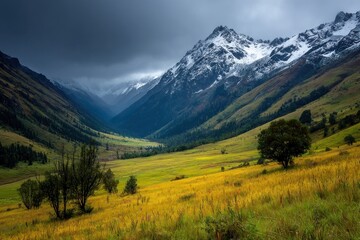 Fototapeta premium Lush green valleys merge with towering mountains showcasing snow covered peaks and dramatic clouds above