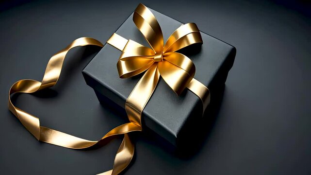 Black gift box wrapped in shiny gold ribbon bow on elegant dark background