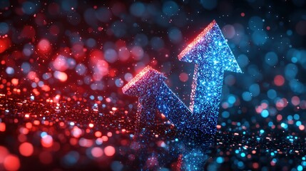 Two vibrant, glowing arrows, blue and red, ascend against a backdrop of shimmering particles.  Dynamic, futuristic, and energetic