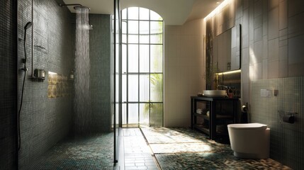 Modern shower room with mosaic flooring and light shaft 