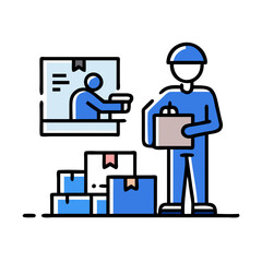 Delivery service with boxes and worker in blue