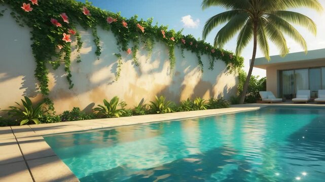 Tropical summer scene featuring plaster wall, pool water, and palm shadow; mockup template; vacation house with neutral architectural style