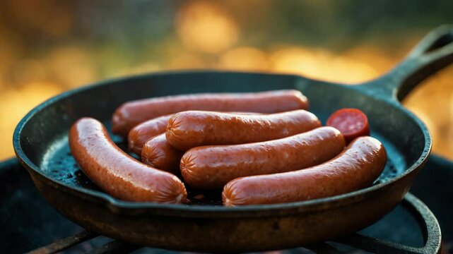Rustic cast iron skillet featuring traditional sausages for barbecue