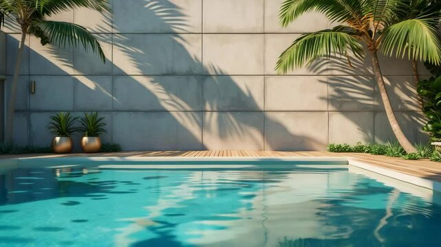 Summer tropical scene with concrete wall, pool, and palm leaf shadows highlighting hotel resort exterior and outdoor holiday house aesthetic