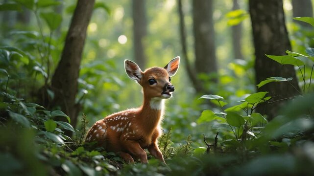 Vertical footage of a cute baby roe deer in the forest. Wild animal.