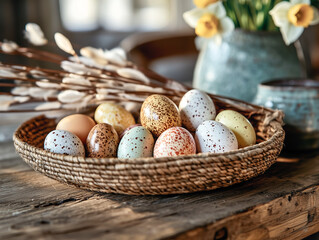  Easter scene with a wicker plate filled with colorful Easter eggs, willow branches traditional Swedish Easter decorations with spring flowers like daffodils and tulips. Soft pastel colors