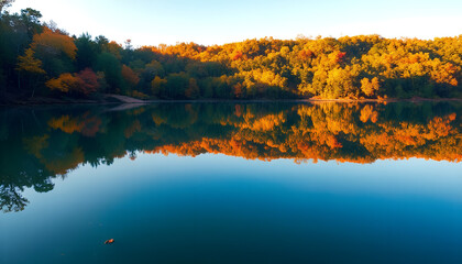 Fototapeta premium Autumn foliage reflecting on calm lake 