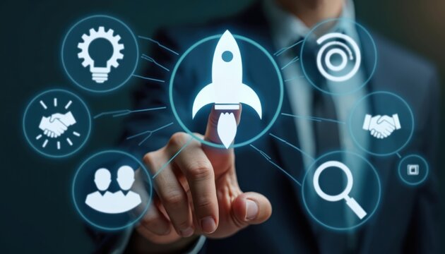 Businessman touch rocket icon. Startup business growth, innovation, achieving goals through strategic planning. Idea, solution, teamwork. Concept of global business, digital interface,