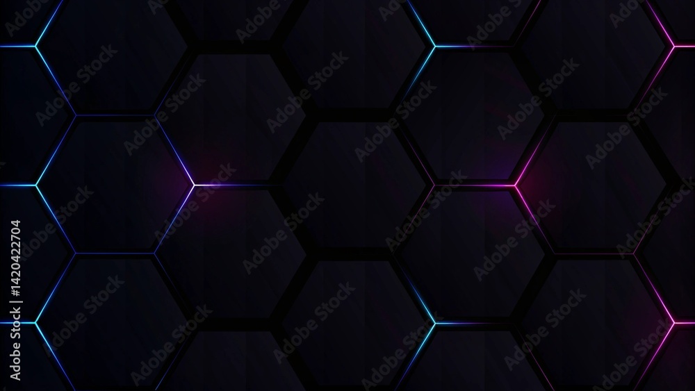 Poster dark hexagon gaming abstract background with blue and pink colored bright flashes, futuristic neon l