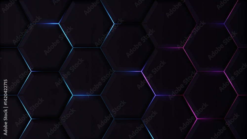 Poster dark hexagon gaming abstract background with blue and pink colored bright flashes, futuristic neon l