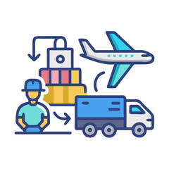 International Shipping and Logistics: Plane, Truck, and Worker