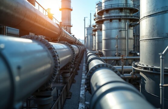 Abstract industrial photo of sulfuric acid plant. Metal furnace, pipes, equipment, technology. Production of sulfur dioxide gas. Industrial manufacture, plant detail, engineering, industry.