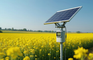 Smart agriculture with weather station, solar panel installed in rapeseed field. Modern technology eco-friendly farming. Measuring wind speed, atmospheric data for climate prediction, crop yield.