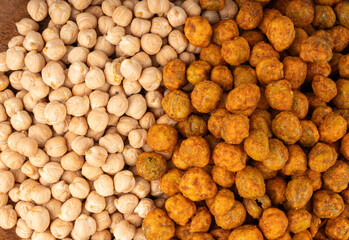 Roasted chickpeas, leblebi pile, spicy fried chana, crispy chick peas with mint and spices, east snack