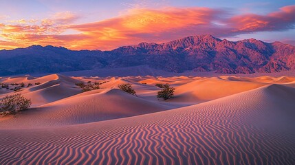 Spectacular desert landscape under a vibrant sunset sky and distant mountains