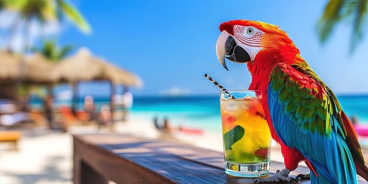 parrot on summer vacation, beach, tropical cocktail 