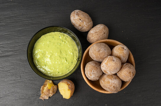Red mojo rojo and green mojo verde sauces, traditional Tenerife dips, mojo picon dressing