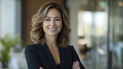 A smiling woman with shoulder-length blonde hair stands confidently with her arms crossed in a modern office setting.