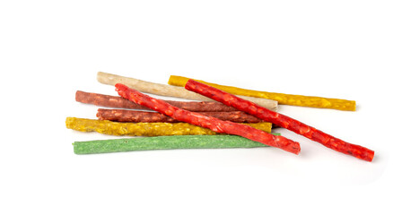 Rawhide chew sticks for dogs, colorful collagen dog food, pressed dry kibble, dental care treats