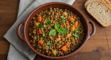 Rustic kitchen style with cooked lentil stew in ceramic bowl, fresh herbs, and whole grain bread on wooden counter for diabetic meal plan