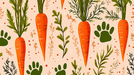 Colorful carrot pattern with floral elements and paw prints on cream background