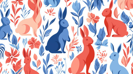 Colorful rabbit and floral pattern on a bright background