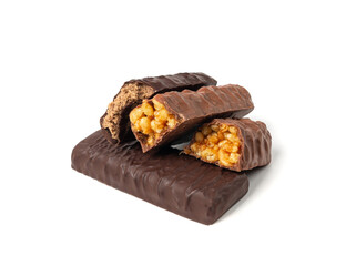Protein bar isolated, chocolate energy paleo snack, healthy cereal nutrition with nuts, fruits, muesli