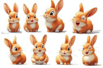 Obraz premium Adorable brown cartoon rabbits expressing various cute and playful emotions