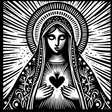 virgin mary figure, sketch engraving, vector illustration. Scratch board. Black and white image.