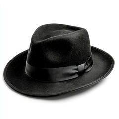A black fedora hat with a black ribbon around the base of the crown on a white background studio shot